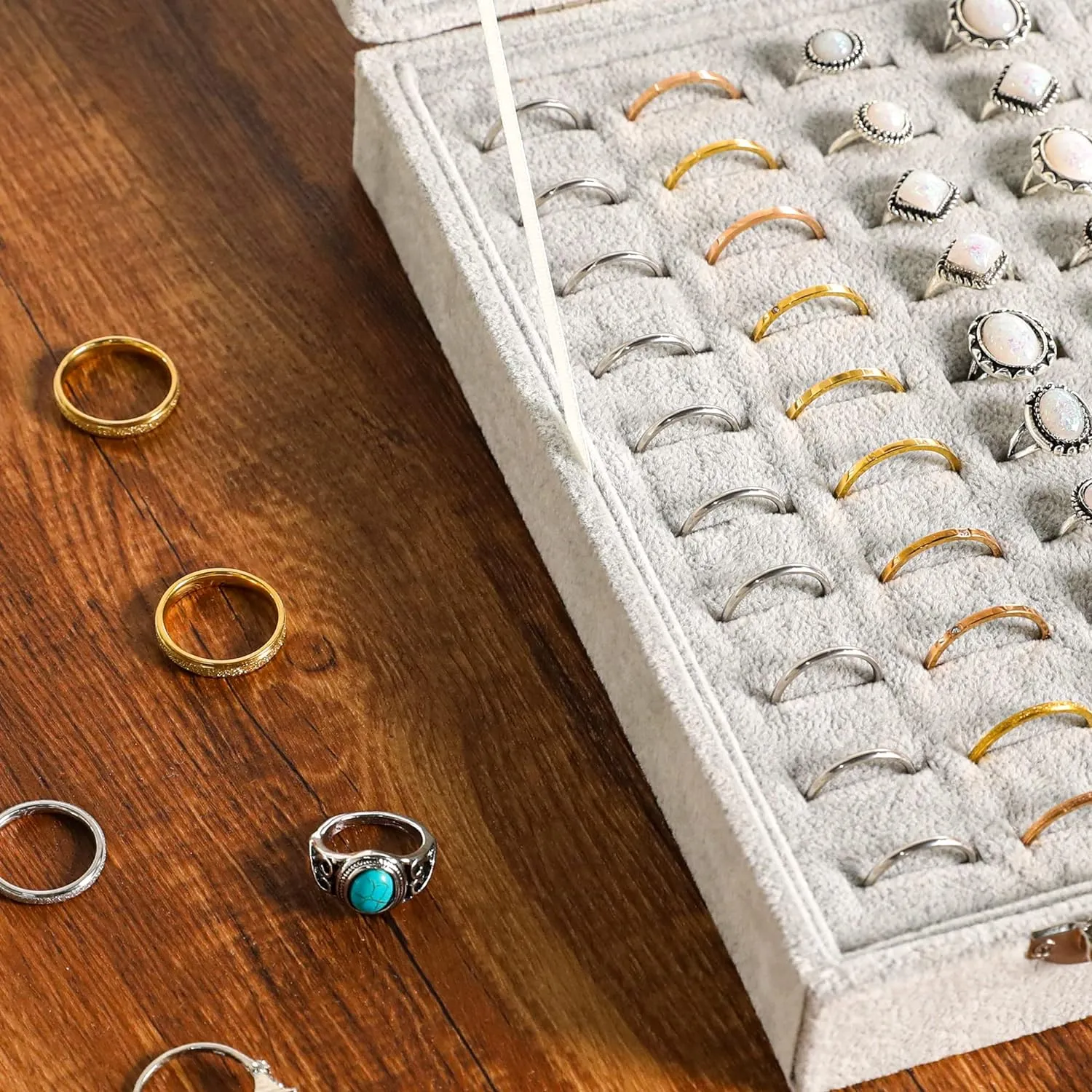 Frebeauty Ring Organizer Tray 100 Slots with Clear Lid Velvet Ring Storage Box for Jewelry Store Display Case for Women (Grey)