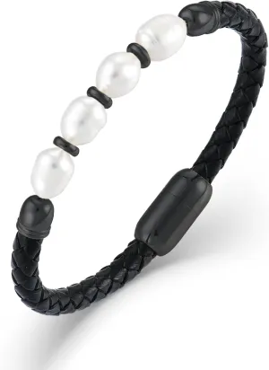 Freshwater Pearl Leather Bracelets for Men, Stainless Steel Braided Bracelet Woven Wristband for Men Women Jewelry Gifts