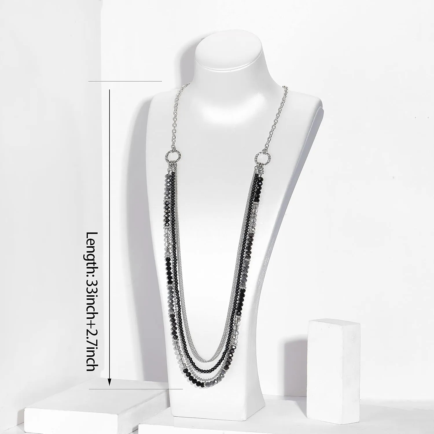 FULU AUTUMN Long Beaded Necklaces for Women Silver Link Chain Necklace with Shell Crystal Beads, Party Gifts for Her