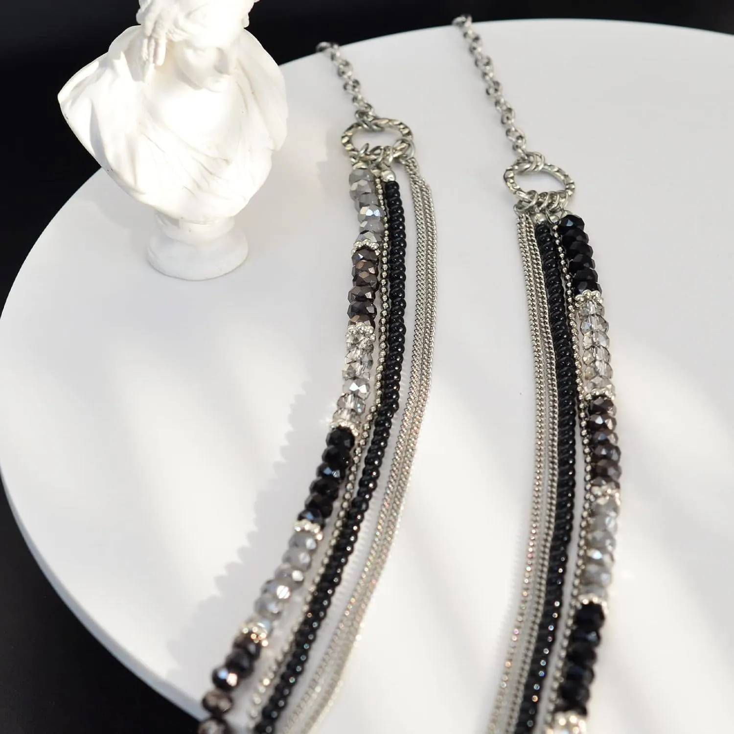 FULU AUTUMN Long Beaded Necklaces for Women Silver Link Chain Necklace with Shell Crystal Beads, Party Gifts for Her