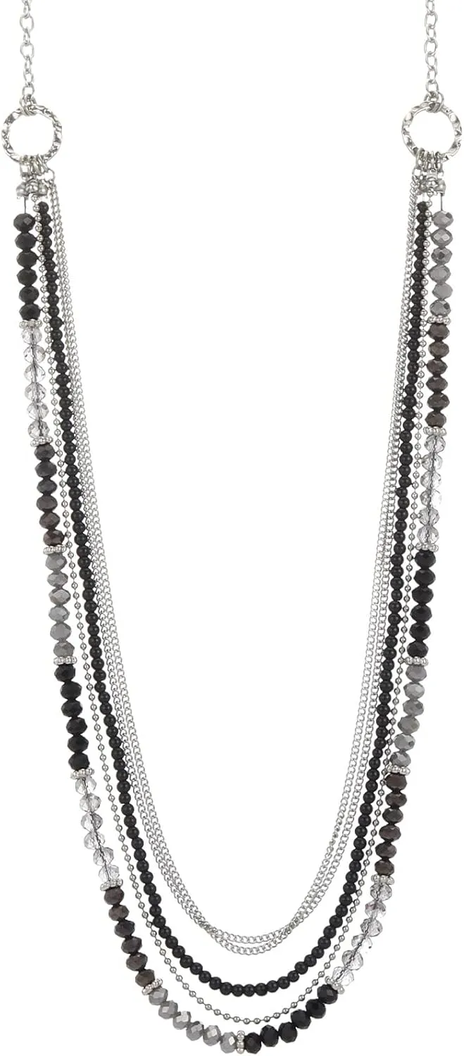 FULU AUTUMN Long Beaded Necklaces for Women Silver Link Chain Necklace with Shell Crystal Beads, Party Gifts for Her