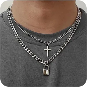 FUNEIA Silver Layered Stainless Steel Cross Necklace for Men Cuban Link Chain Box Chain Rope Chain Choker Necklace Bling CZ Cubic Zirconia Diamond Cross Black Cross Nail Cross Pendant Necklace Jewelry