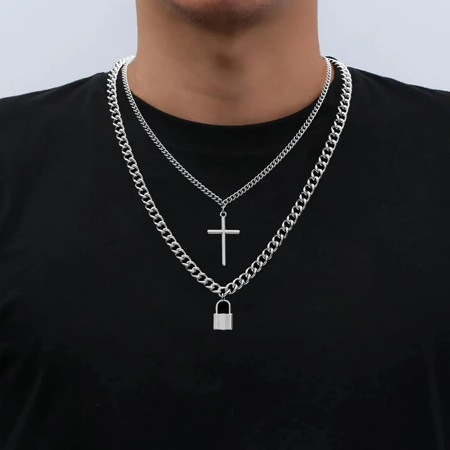 FUNEIA Silver Layered Stainless Steel Cross Necklace for Men Cuban Link Chain Box Chain Rope Chain Choker Necklace Bling CZ Cubic Zirconia Diamond Cross Black Cross Nail Cross Pendant Necklace Jewelry