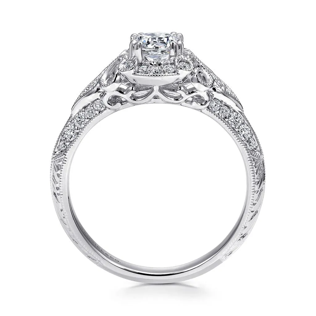 Gabriel & Co Abel - Unique 14K White Gold Vintage Inspired Diamond Halo Engagement Ring