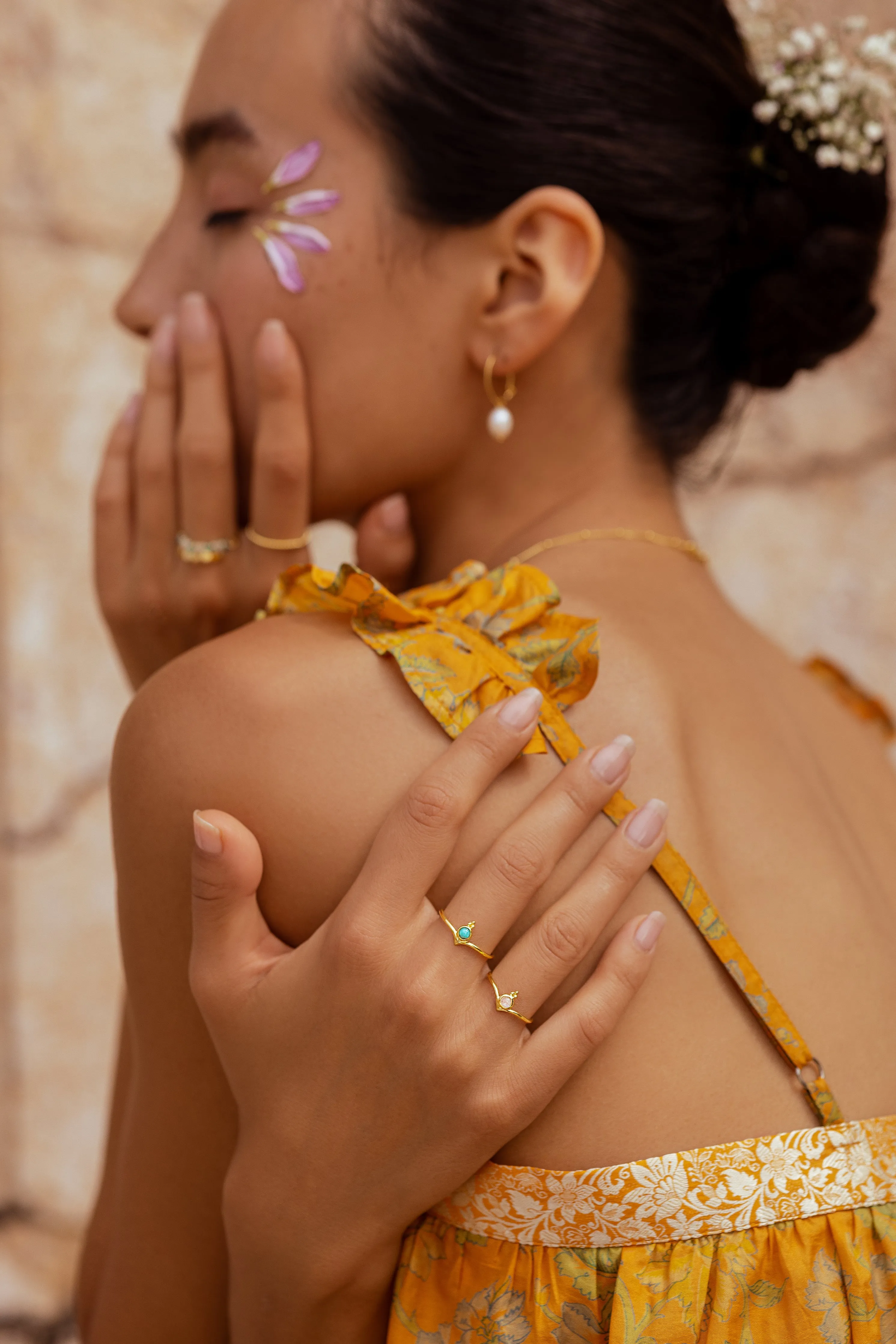 Gaia Wishbone Ring - Gold Rainbow Moon Stone