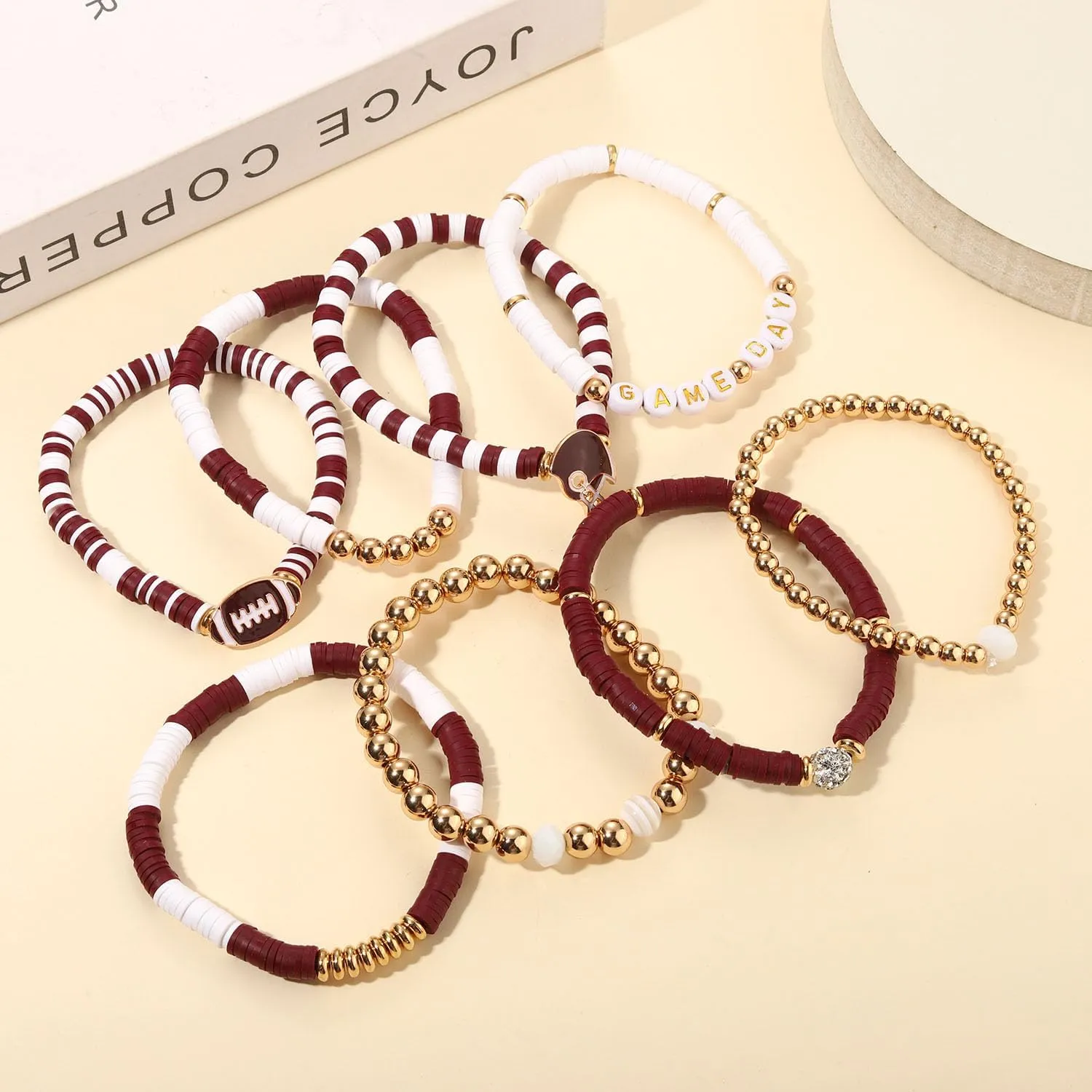 Game Day Bracelets for Women - Red, Black, Blue Heishi Clay Beaded Stretch Bracelets - Stackable Sports Charm Bracelet Bangles - Football Mom Accessories & Outfits Jewelry Gifts