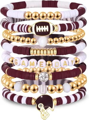 Game Day Bracelets for Women - Red, Black, Blue Heishi Clay Beaded Stretch Bracelets - Stackable Sports Charm Bracelet Bangles - Football Mom Accessories & Outfits Jewelry Gifts