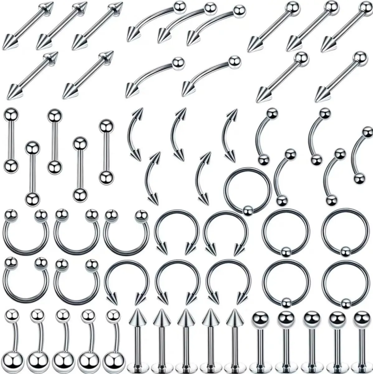 Gatuida 120Pcs Stainless Steel Jewelry Body Piercing Rings Set Versatile Nose Tongue and Belly Button Nails Durable and Comfortable Skin Piercing Assortment Silver