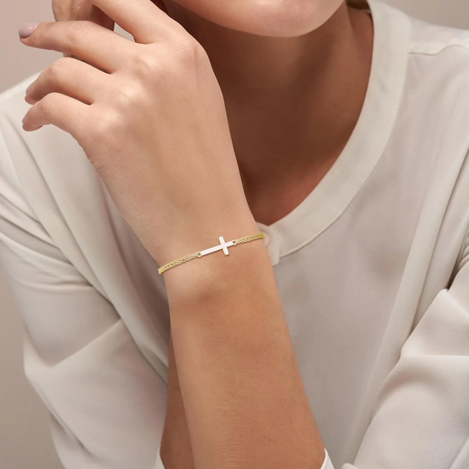 GAVU Double Chains 925 Sterling Silver Cross Bracelet for Women, Dainty Gold Bracelet/Silver Bracelet for Women