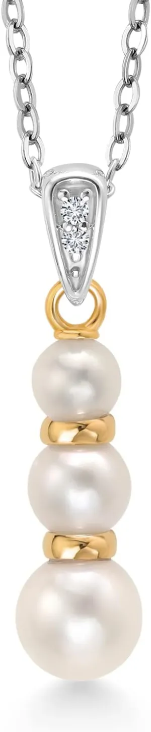 Gem Stone King 925 Sterling Silver and 10K Yellow Gold 4.5-5MM Cultured Freshwater Pearl and White Lab Grown Diamond Pendant Necklace For Women with 18 Inch Chain