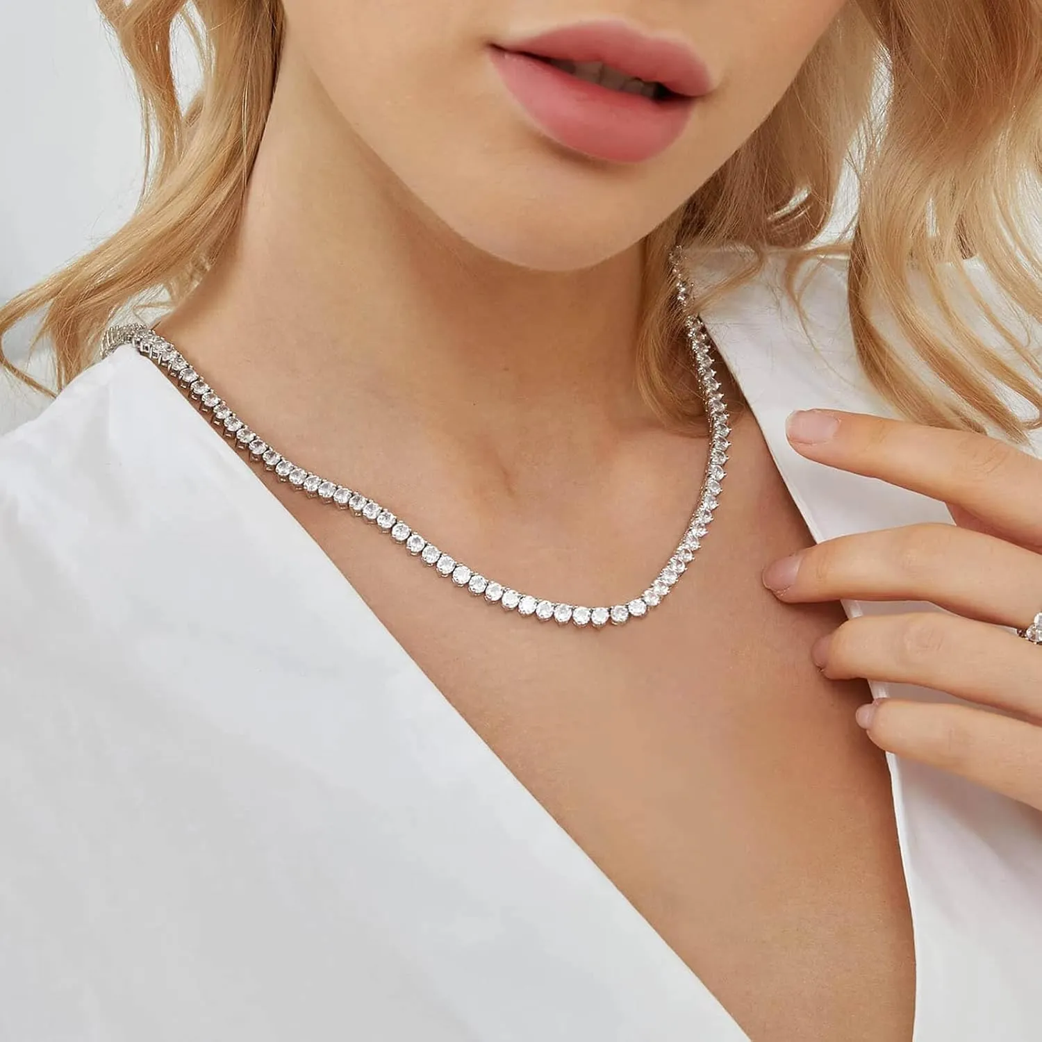 Gemsme 4mm Tennis Necklaces for Women - 3 Prong 18K White Gold Plated Round Cubic Zirconia Classic diamond Tennis Chain, Tennis Necklace for Women and Men, Size 16/18/20/22/24 inch