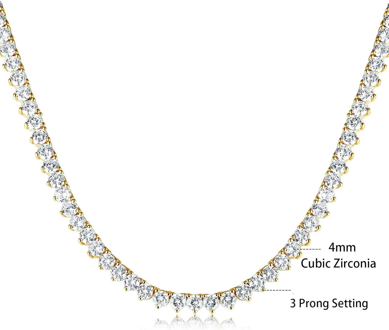 Gemsme 4mm Tennis Necklaces for Women - 3 Prong 18K White Gold Plated Round Cubic Zirconia Classic diamond Tennis Chain, Tennis Necklace for Women and Men, Size 16/18/20/22/24 inch