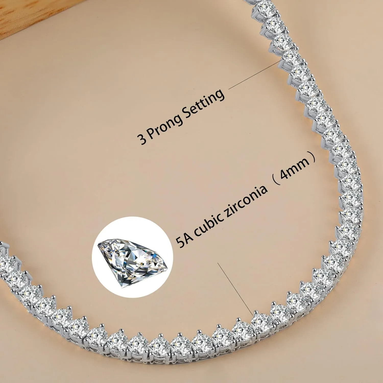 Gemsme 4mm Tennis Necklaces for Women - 3 Prong 18K White Gold Plated Round Cubic Zirconia Classic diamond Tennis Chain, Tennis Necklace for Women and Men, Size 16/18/20/22/24 inch