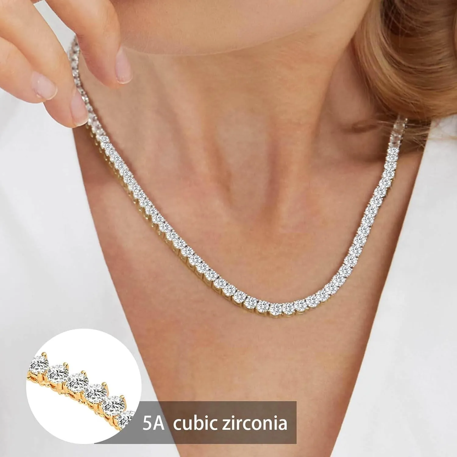 Gemsme 4mm Tennis Necklaces for Women - 3 Prong 18K White Gold Plated Round Cubic Zirconia Classic diamond Tennis Chain, Tennis Necklace for Women and Men, Size 16/18/20/22/24 inch