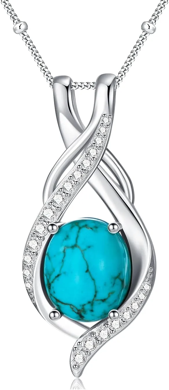 Genuine Turquoise Necklace for Women 925 Sterling Silver with Oval Natural Stone with CZ Pendant Jewelry for Her Wife Mom Sister Girlfriend
