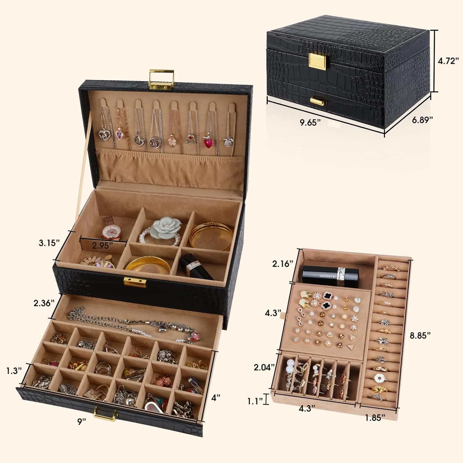Gifturbo Jewelry Box for Women,Jewelry Boxes for Girls, 3 Layers Large Travel Jewelry Storage Organizer Box for Earring,Ring,Bracelets,Necklace