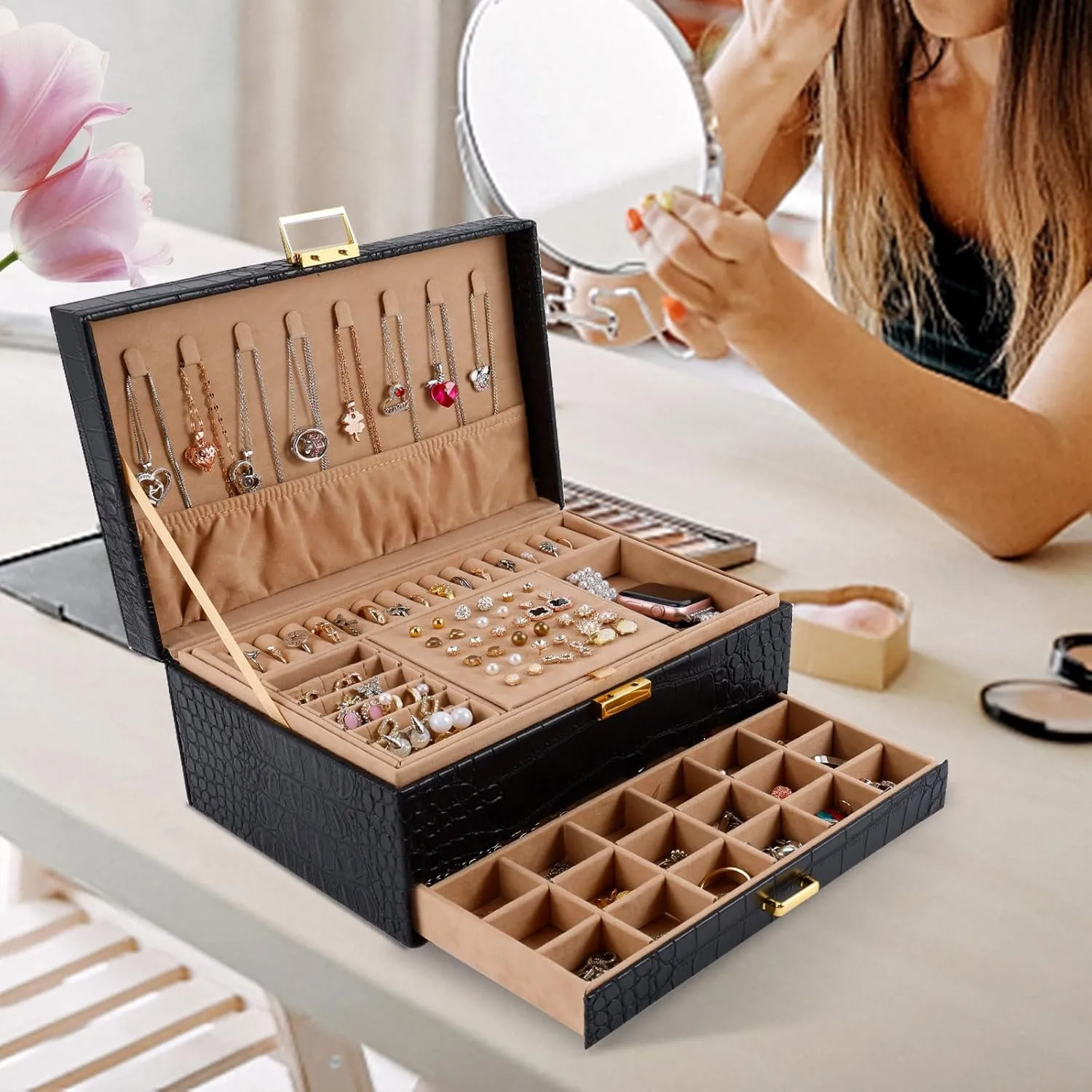 Gifturbo Jewelry Box for Women,Jewelry Boxes for Girls, 3 Layers Large Travel Jewelry Storage Organizer Box for Earring,Ring,Bracelets,Necklace