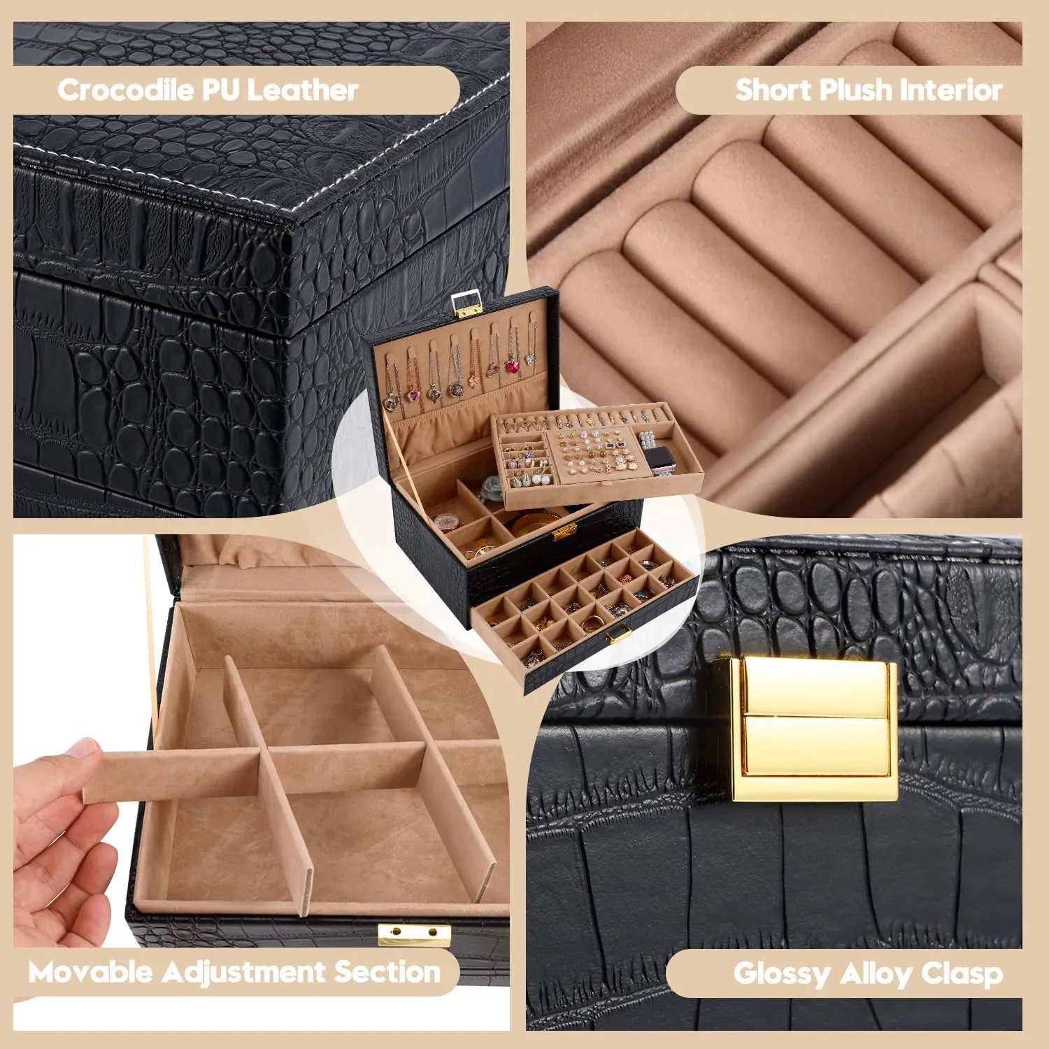 Gifturbo Jewelry Box for Women,Jewelry Boxes for Girls, 3 Layers Large Travel Jewelry Storage Organizer Box for Earring,Ring,Bracelets,Necklace