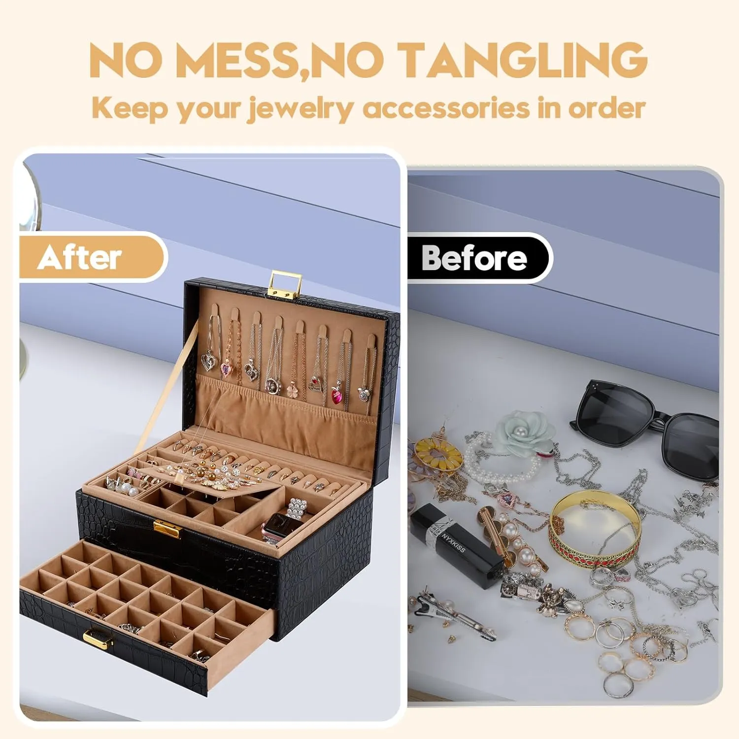 Gifturbo Jewelry Box for Women,Jewelry Boxes for Girls, 3 Layers Large Travel Jewelry Storage Organizer Box for Earring,Ring,Bracelets,Necklace