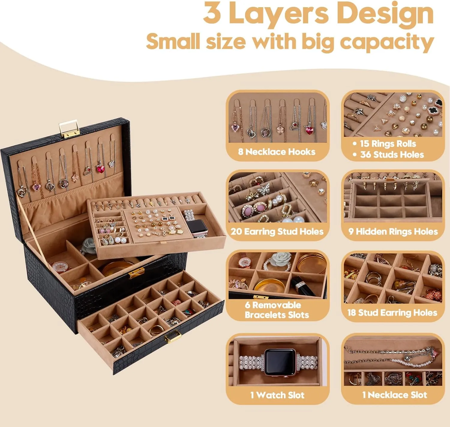 Gifturbo Jewelry Box for Women,Jewelry Boxes for Girls, 3 Layers Large Travel Jewelry Storage Organizer Box for Earring,Ring,Bracelets,Necklace