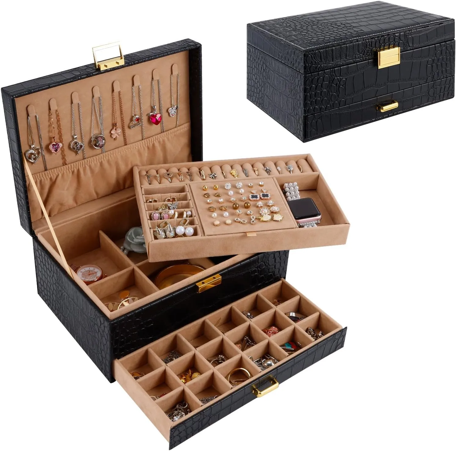 Gifturbo Jewelry Box for Women,Jewelry Boxes for Girls, 3 Layers Large Travel Jewelry Storage Organizer Box for Earring,Ring,Bracelets,Necklace