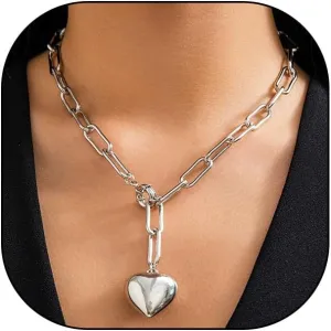 GIGB PBDK Chunky Heart Necklace for Women,Puffy Gold Heart Pendant Necklace Thick Silver Paperclip Chain Choker Necklaces,Charm Love Statement Accessories Gifts