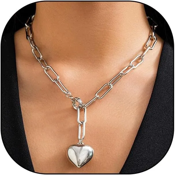 GIGB PBDK Chunky Heart Necklace for Women,Puffy Gold Heart Pendant Necklace Thick Silver Paperclip Chain Choker Necklaces,Charm Love Statement Accessories Gifts