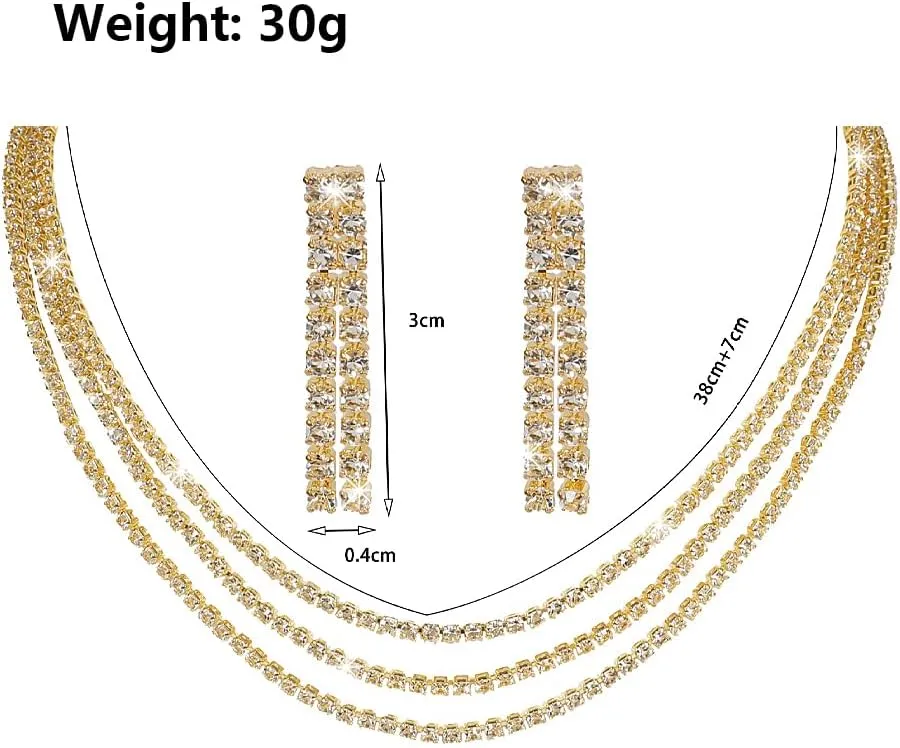 GIGB PBDK Gold Earrings Necklace Set for Brides Bridesmaid,Bling Sparkling Rhinestones Jewelry Pack for Prom Party,Layered Choker Necklace Crystal Drop Earrings