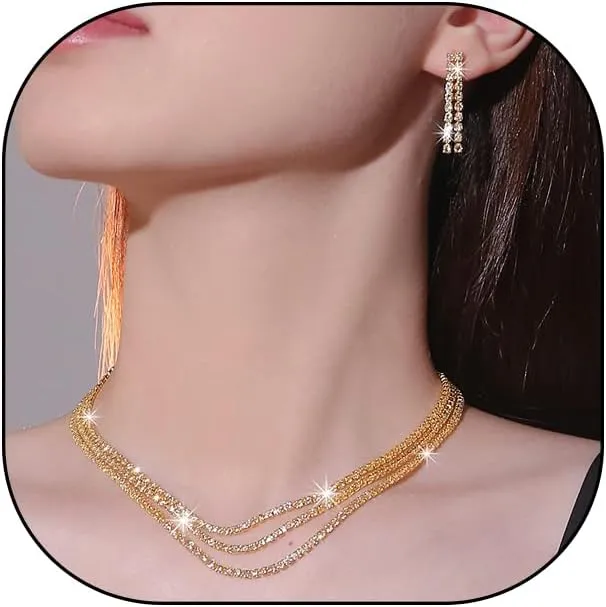 GIGB PBDK Gold Earrings Necklace Set for Brides Bridesmaid,Bling Sparkling Rhinestones Jewelry Pack for Prom Party,Layered Choker Necklace Crystal Drop Earrings