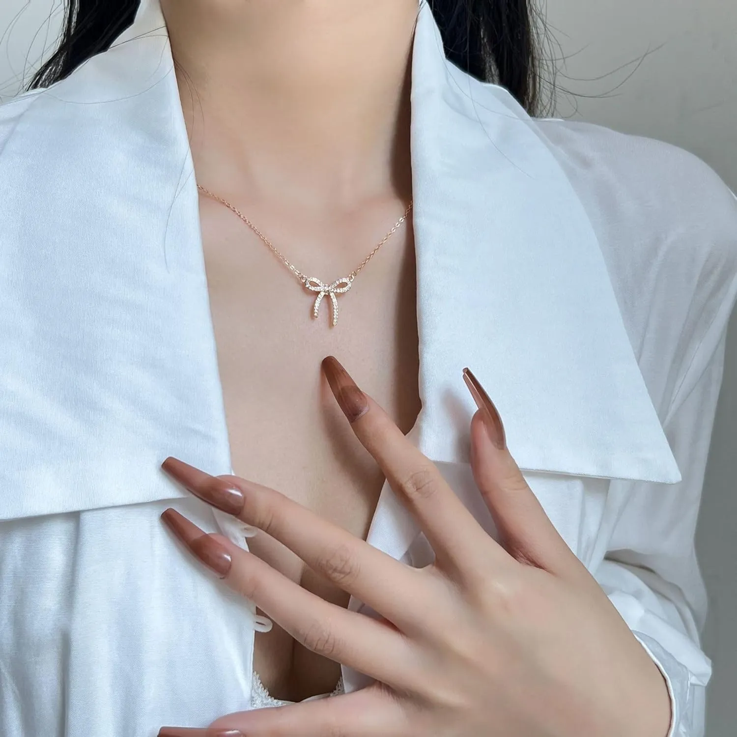 GIGB PBDK Silver Bow Necklaces for Women,Sparkly Rhinestone Bow Pendant Choker Necklace,Charm Gold Crystal Coquette Necklace,Cute Party Bow Jewelry Gifts