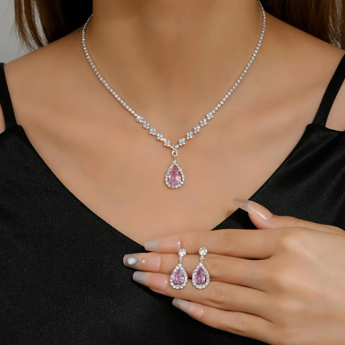 GIGB PBDK Sparkling Rhinestone Wedding Jewelry Set for Bridal Bridesmaid,Dainty Cubic Zirconia Choker Necklace Teardrop Dangle Earrings Accessories Gifts
