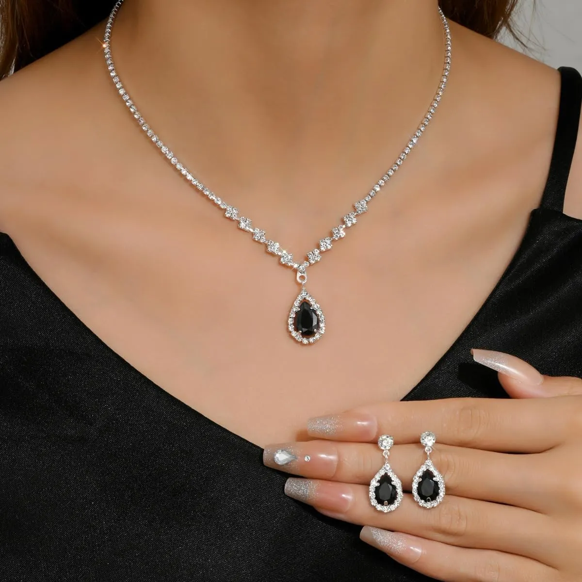 GIGB PBDK Sparkling Rhinestone Wedding Jewelry Set for Bridal Bridesmaid,Dainty Cubic Zirconia Choker Necklace Teardrop Dangle Earrings Accessories Gifts