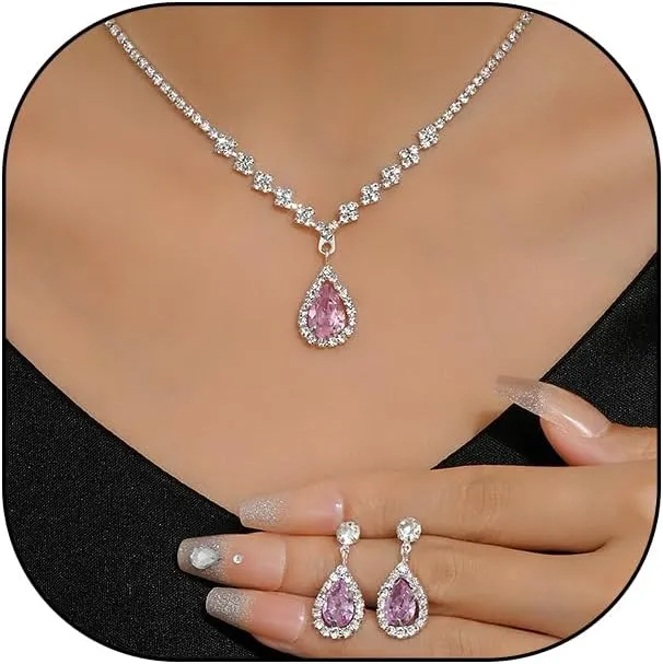 GIGB PBDK Sparkling Rhinestone Wedding Jewelry Set for Bridal Bridesmaid,Dainty Cubic Zirconia Choker Necklace Teardrop Dangle Earrings Accessories Gifts