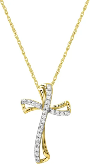 GILDED 10K Yellow Gold - 14K Yellow Gold Plated over 925 Sterling Silver Necklace for Women with Natural Round-Cut Diamond Twist Cross Pendant, 18" Cable Chain, 1/4 Carat Total Weight & Elegant Gift Box Included