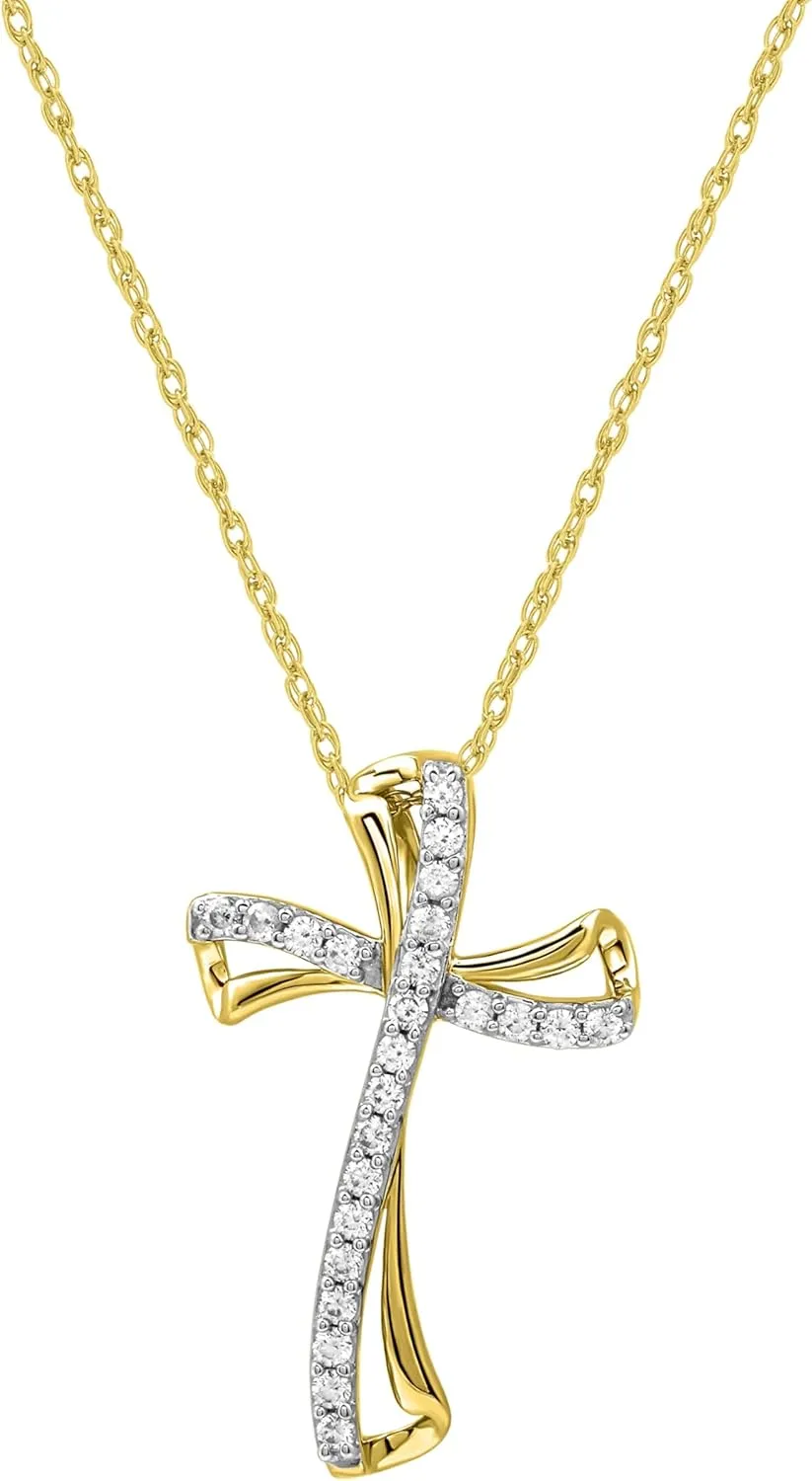 GILDED 10K Yellow Gold - 14K Yellow Gold Plated over 925 Sterling Silver Necklace for Women with Natural Round-Cut Diamond Twist Cross Pendant, 18" Cable Chain, 1/4 Carat Total Weight & Elegant Gift Box Included