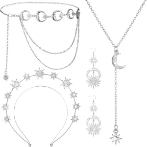 Glenmal 4 Pieces Halo Crown Moon Stars Necklaces and Body Chain Halo Tiaras Headband Headpiece Drop Earrings for Women