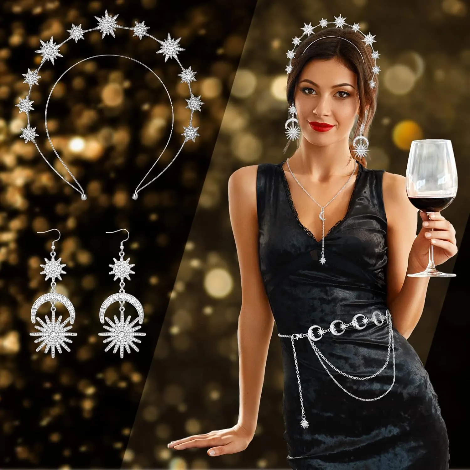 Glenmal 4 Pieces Halo Crown Moon Stars Necklaces and Body Chain Halo Tiaras Headband Headpiece Drop Earrings for Women