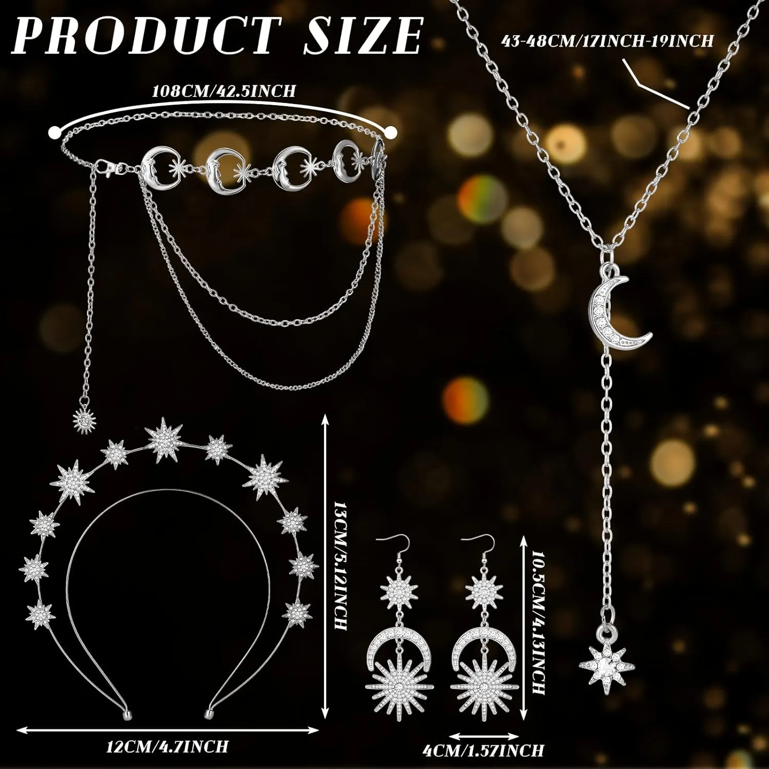 Glenmal 4 Pieces Halo Crown Moon Stars Necklaces and Body Chain Halo Tiaras Headband Headpiece Drop Earrings for Women