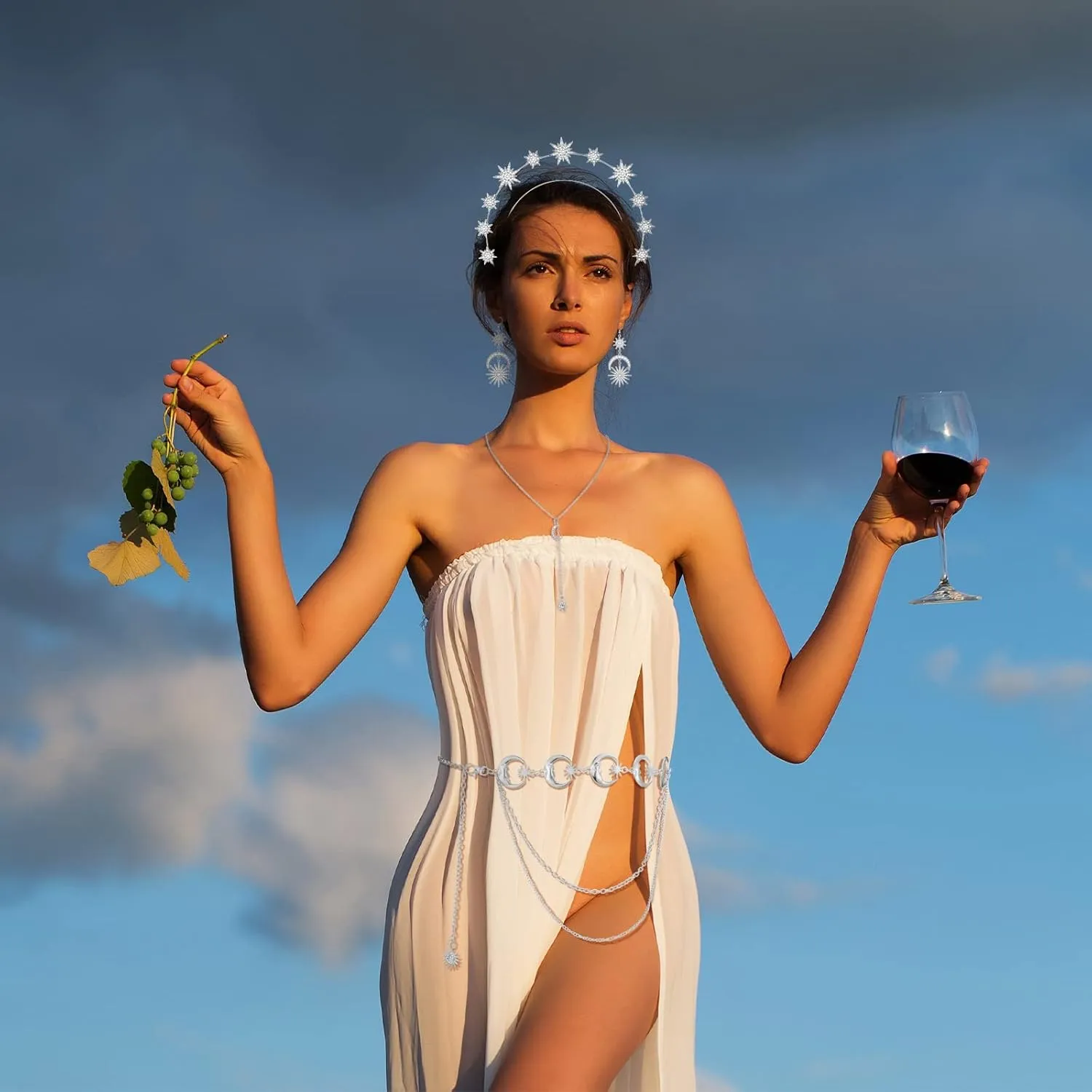Glenmal 4 Pieces Halo Crown Moon Stars Necklaces and Body Chain Halo Tiaras Headband Headpiece Drop Earrings for Women