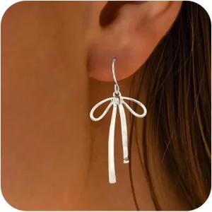 Gold Bow Earrings for Women Trendy, Cute Bow Stud Earring 14k Gold Plated Dainty Ribbon Pearl Bow Drop Dangle Earrings Hypoallergenic Gold Earrings Sparkly Christmas Earrings for Women Jewelry Gift