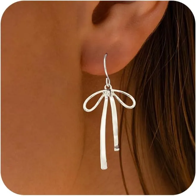 Gold Bow Earrings for Women Trendy, Cute Bow Stud Earring 14k Gold Plated Dainty Ribbon Pearl Bow Drop Dangle Earrings Hypoallergenic Gold Earrings Sparkly Christmas Earrings for Women Jewelry Gift
