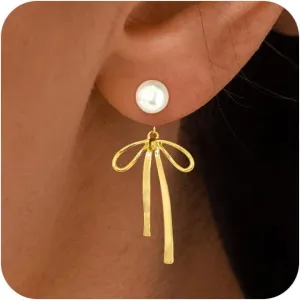 Gold Bow Earrings for Women Trendy, Cute Bow Stud Earring 14k Gold Plated Dainty Ribbon Pearl Bow Drop Dangle Earrings Hypoallergenic Gold Earrings Sparkly Christmas Earrings for Women Jewelry Gift
