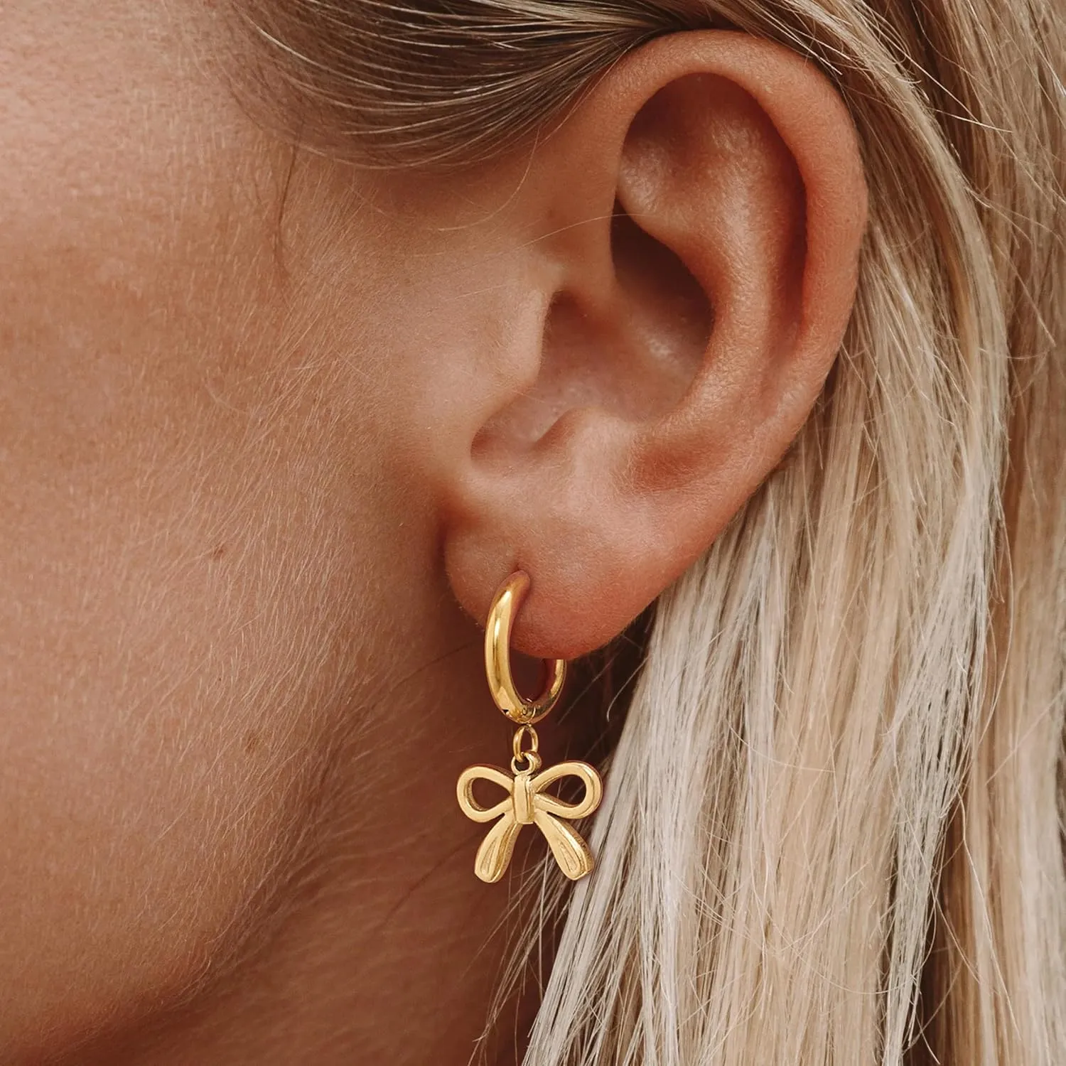 Gold Bow Earrings Trendy 14K Gold Plated Bow Huggie Hoop Earrings Silver Bow Earrings Dangle Jewelry Gifts Stainless Steel