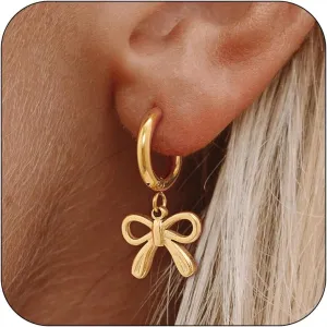 Gold Bow Earrings Trendy 14K Gold Plated Bow Huggie Hoop Earrings Silver Bow Earrings Dangle Jewelry Gifts Stainless Steel