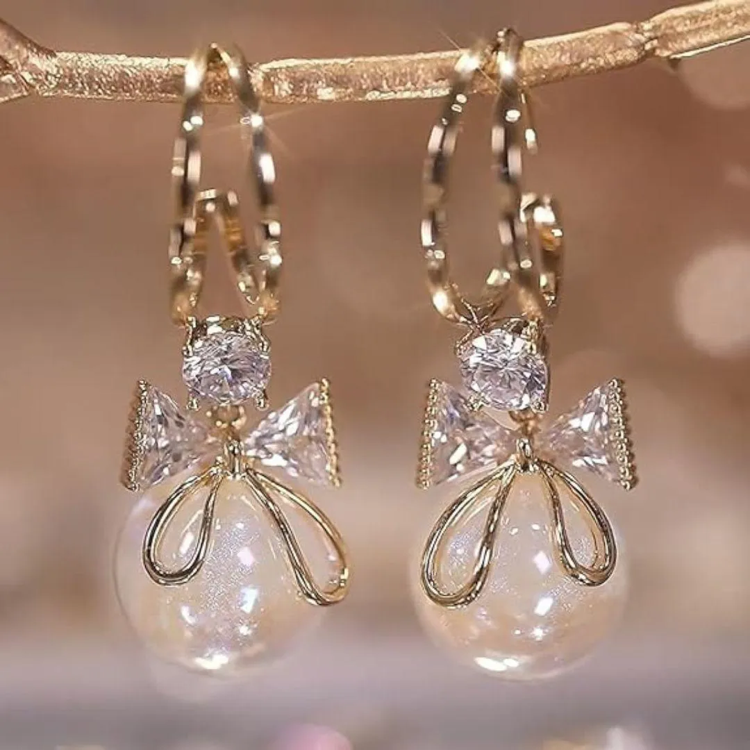 Gold Bow Pearl Drop Earrings