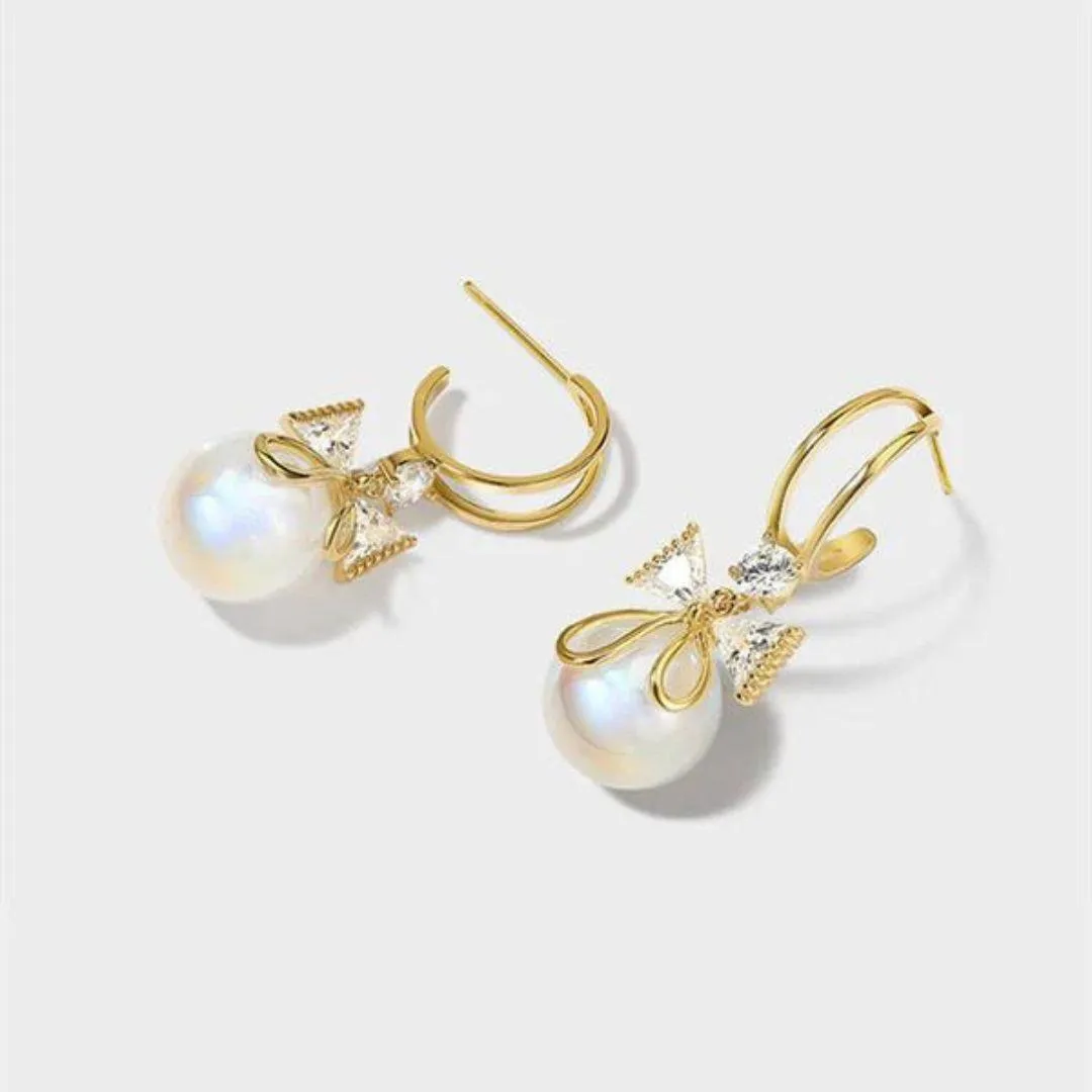 Gold Bow Pearl Drop Earrings
