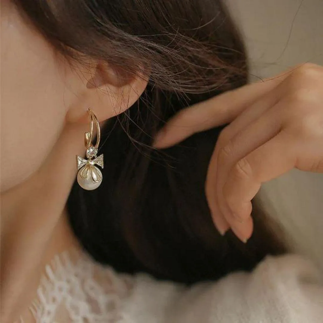 Gold Bow Pearl Drop Earrings