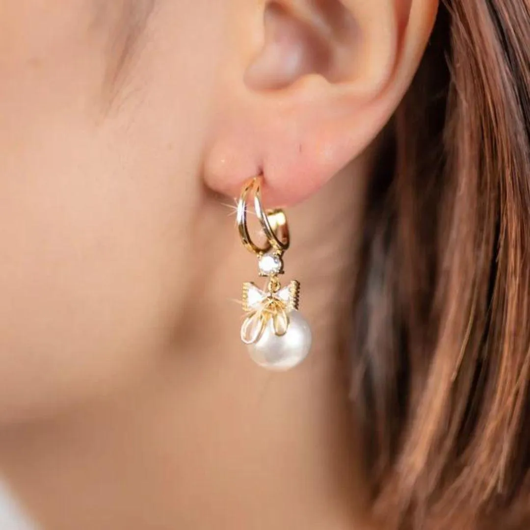 Gold Bow Pearl Drop Earrings