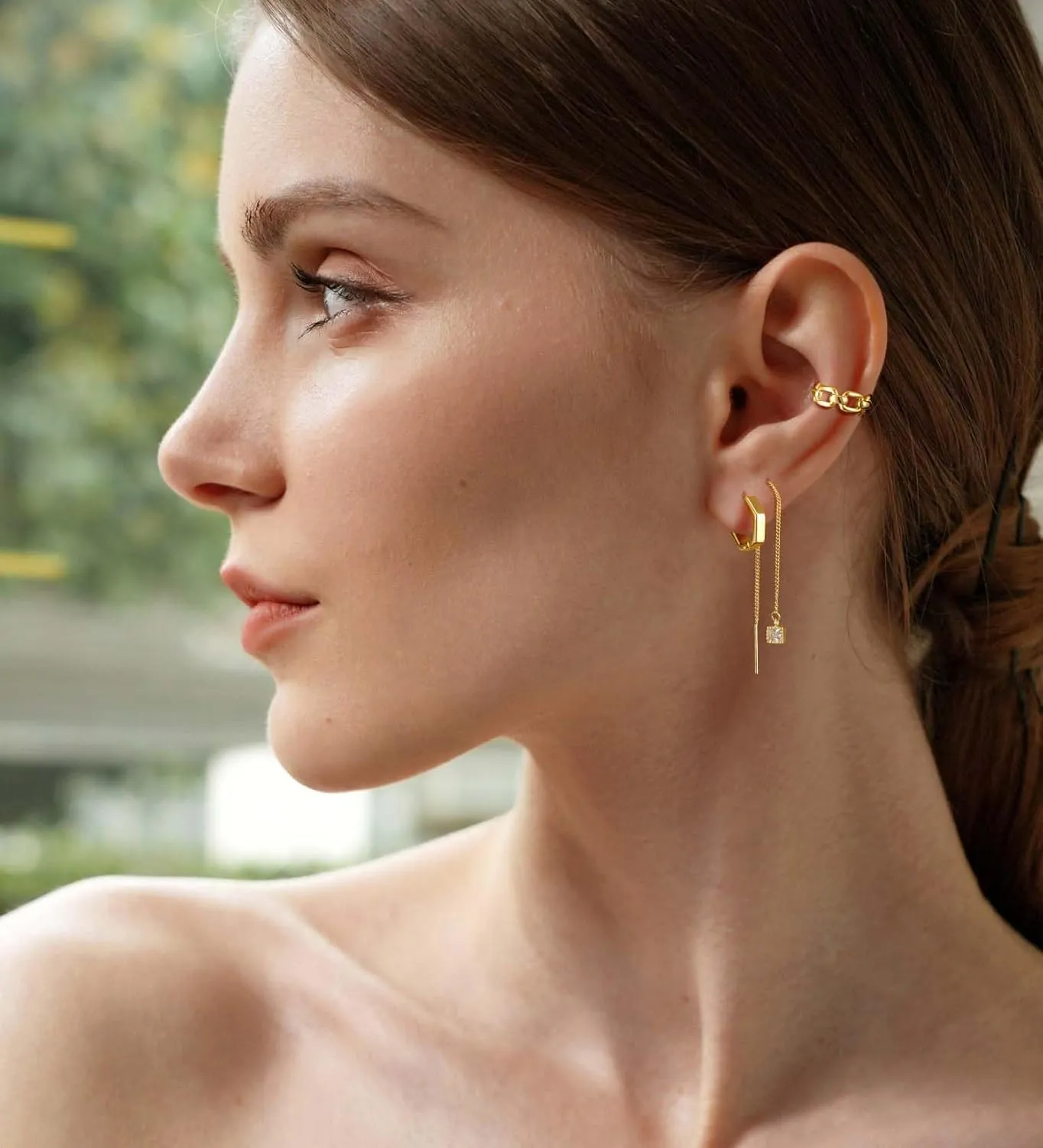 Gold Chain Earrings for Women Dainty Gold Threader Dangle Earrings 14K Gold Plated Cartilage Earrings Set Trendy Hypoallergenic Stack Cubic Zirconia Stud Earrings Long Drop Earrings Jewelry