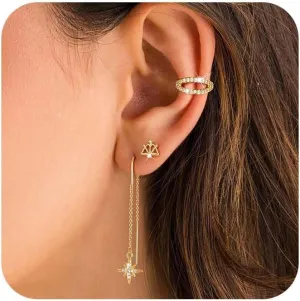 Gold Chain Earrings for Women Dainty Gold Threader Dangle Earrings 14K Gold Plated Cartilage Earrings Set Trendy Hypoallergenic Stack Cubic Zirconia Stud Earrings Long Drop Earrings Jewelry